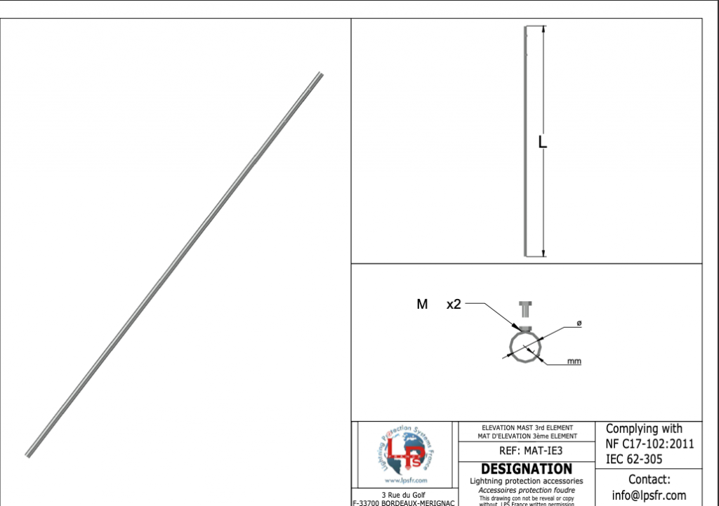 Mât d'élévation de paratonnerre en acier galvanisé 3ème élément
