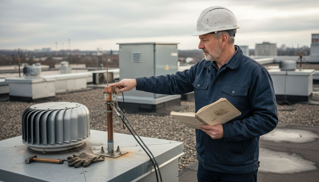 Un ingénieur effectue une vérification du système de paratonnerre installé sur le toit.