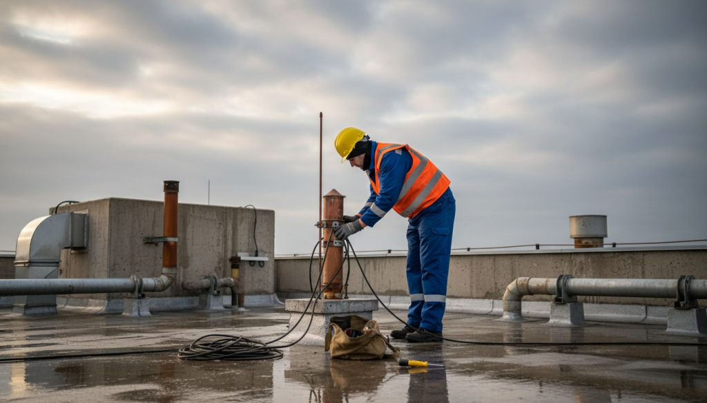 Vérification d’un système de paratonnerre sur la toiture d’un bâtiment industriel