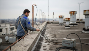 Un technicien procède à la vérification du système de protection contre la foudre installé sur le toit.