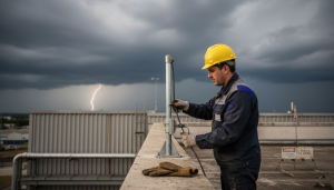 Un technicien examine un paratonnerre alors que le ciel s'assombrit et menace d'orage.
