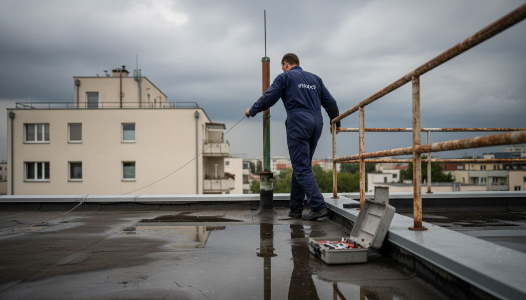 Vérification du paratonnerre installé sur le toit après le passage de l’orage