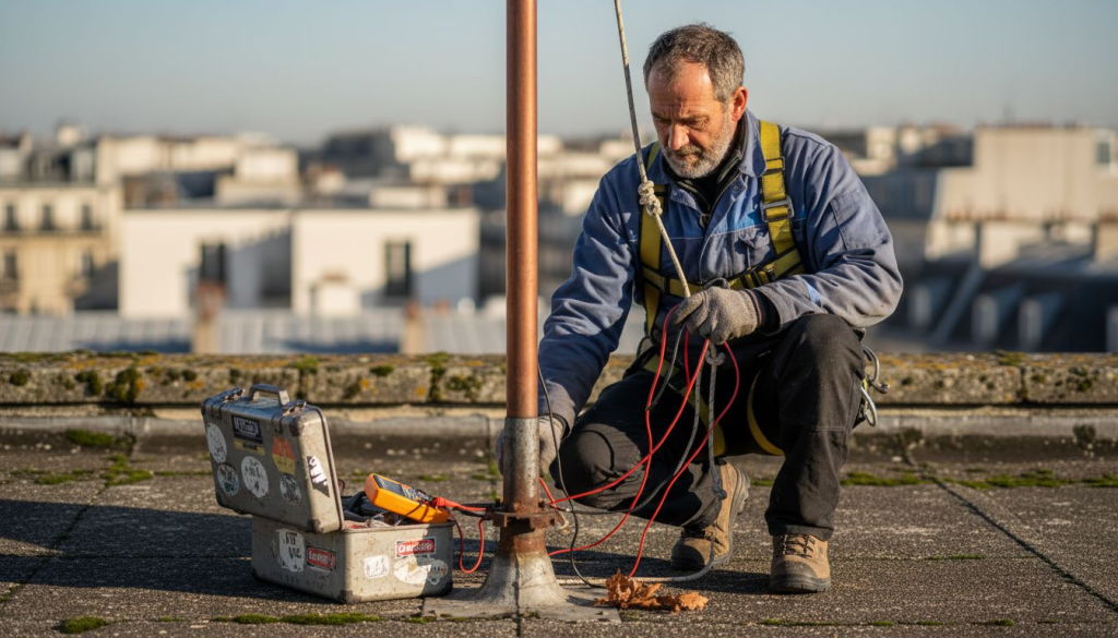 Un technicien vérifie le paratonnerre sur le toit d’un immeuble.