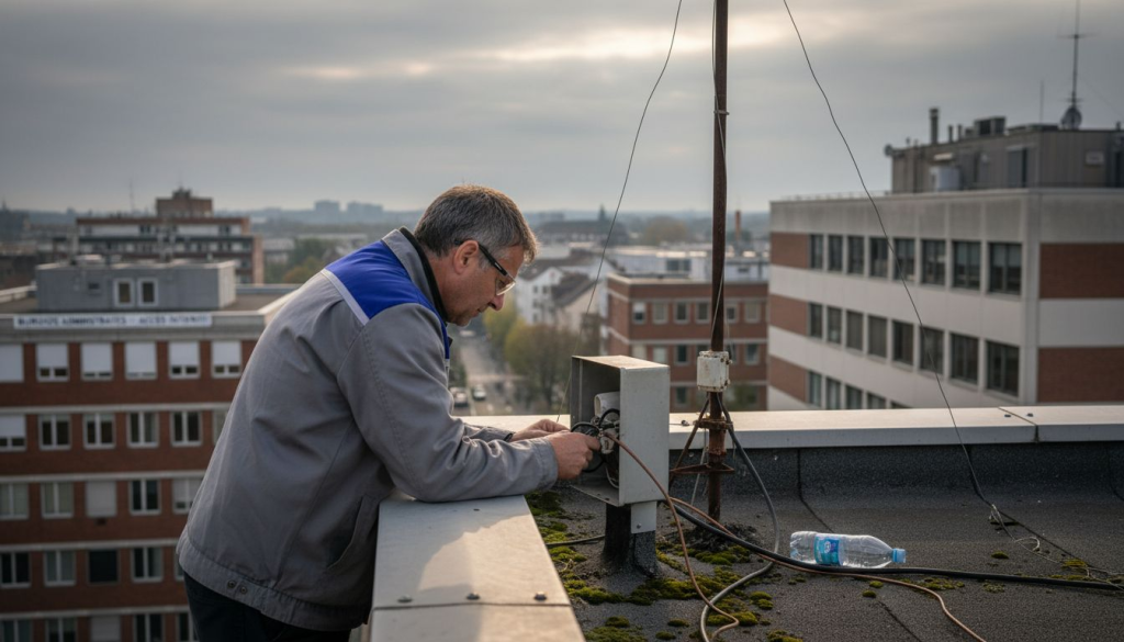 Un technicien procède à l’inspection d’un paratonnerre installé sur le toit d’un bâtiment.