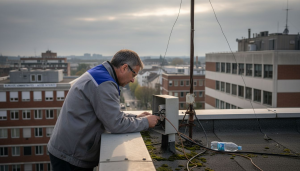 Un technicien procède à l’inspection d’un paratonnerre installé sur le toit d’un bâtiment.