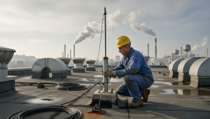 Un technicien procède à la vérification du paratonnerre installé sur le toit d’un bâtiment.