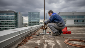 Un spécialiste procède à l’installation d’un paratonnerre sur le toit d’un bâtiment.