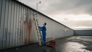 Un technicien procède à la vérification d’un paratonnerre sur un site industriel.