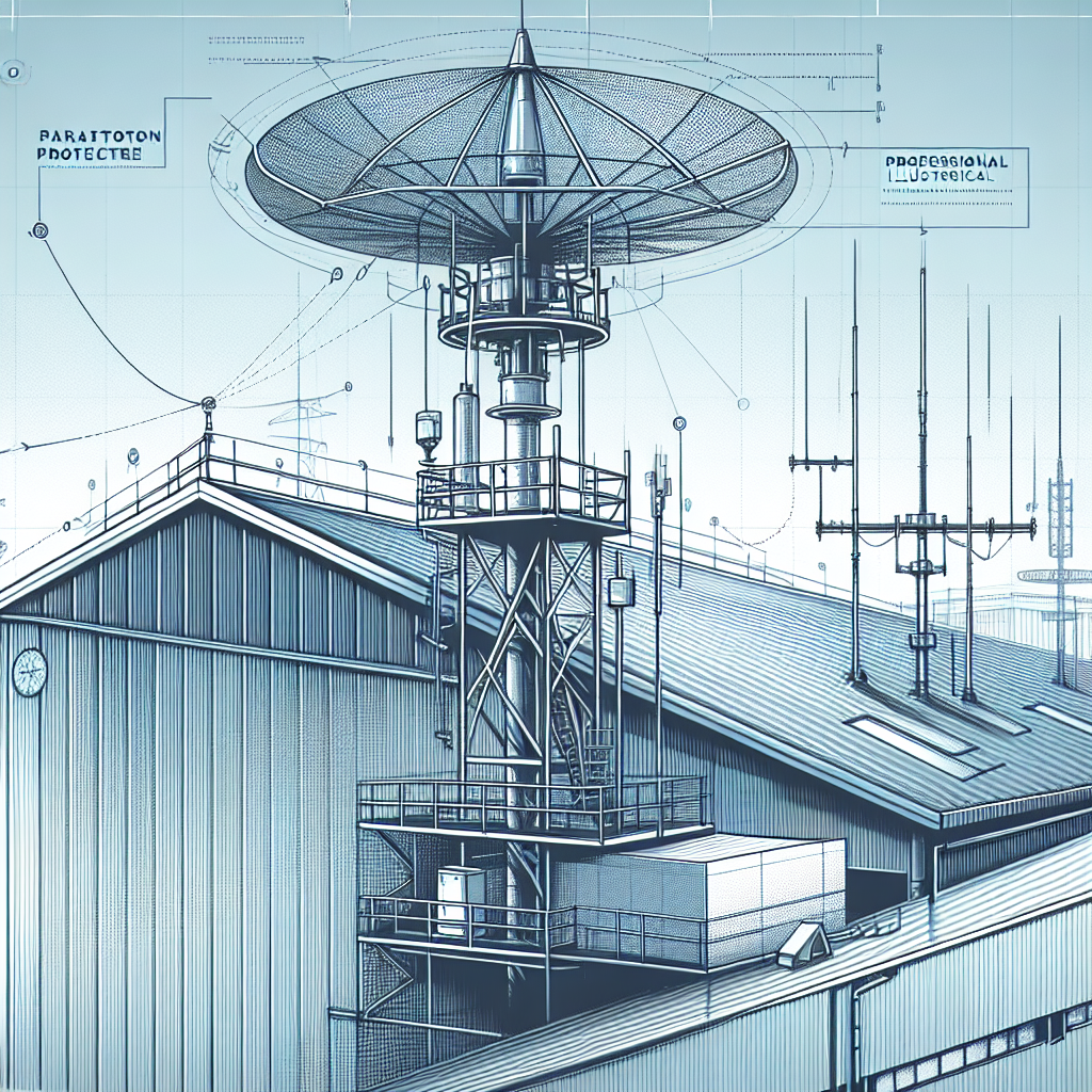 Ilustração técnica de um sistema industrial de proteção contra raios com para-raios no telhado de uma fábrica
