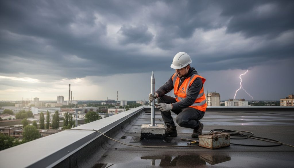 Un technicien en pleine installation d’un paratonnerre sur le toit d’un bâtiment industriel.