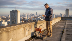 Un technicien procède à la vérification du système de protection contre la foudre installé sur le toit.