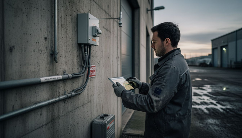 Un ingénieur réalise une vérification du paratonnerre installé sur le toit d’un immeuble.