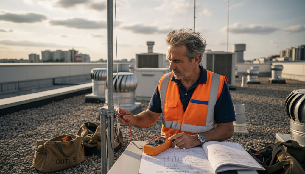 Un ingénieur procède à la vérification du système de paratonnerre installé sur le toit.
