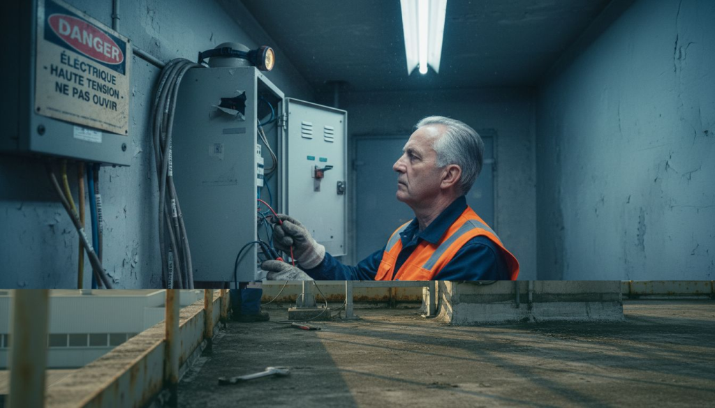 Un technicien effectue une inspection du paratonnerre sur le toit d’un bâtiment industriel.