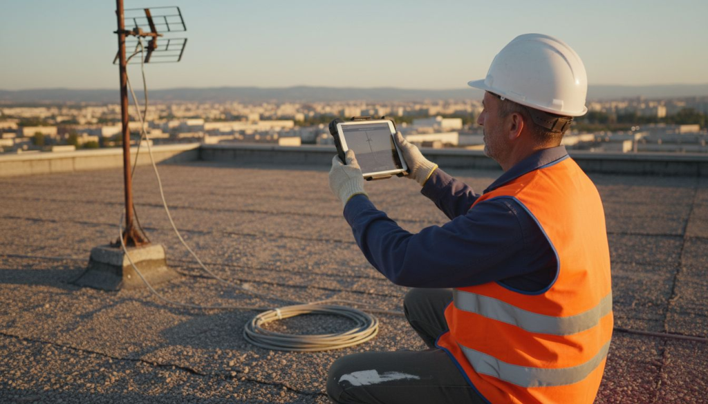 Un ingénieur effectue une inspection du paratonnerre sur le toit d’un bâtiment industriel.