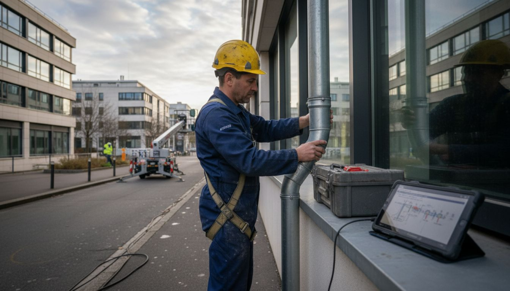 Un technicien procède à la pose d’un paratonnerre sur la façade d’un immeuble.