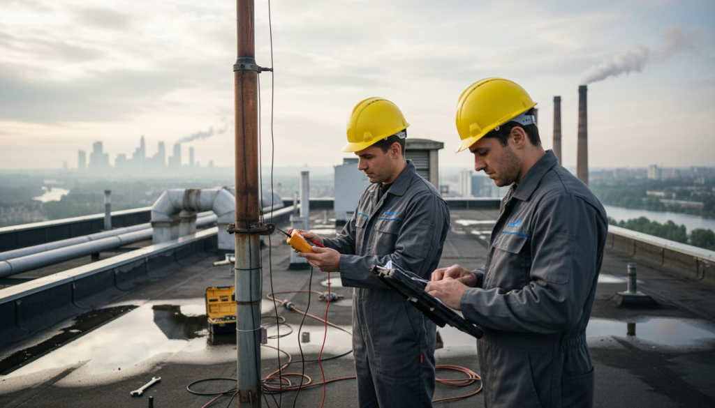Des techniciens procèdent à la vérification du système de protection contre la foudre sur le toit.