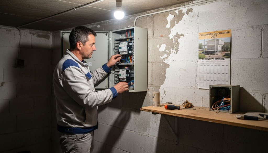 Un électricien contrôle l’état du parafoudre installé sur le panneau mural.