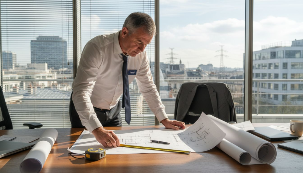 Un ingénieur en train d’étudier des plans pour l’installation d’un système de protection contre la foudre.