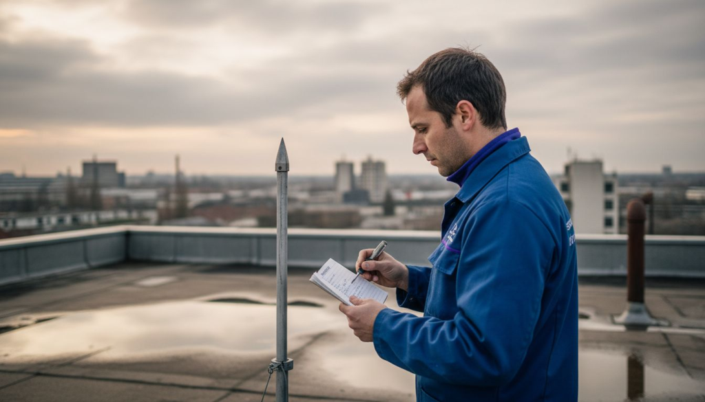 Un spécialiste s’affaire à contrôler l’état du paratonnerre installé sur le toit.