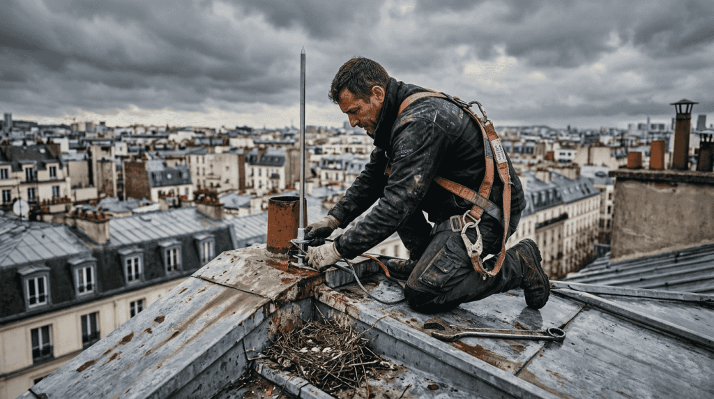 Un spécialiste est en train de poser un paratonnerre sur le toit d’un bâtiment.