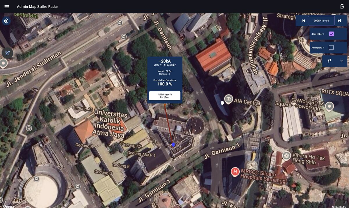 Interface Strike Radar avec bouton Télécharger le Certificat pour un impact foudre détecté avec probabilité 100%
