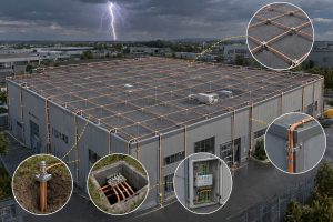 Malla de jaula de Faraday en edificio industrial: protección contra rayos IEC 62305 con conductores de techo y conductors conformes