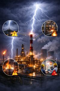 Site industriel en zone ATEX avec 4 risques foudre identifiés : impact direct, arc latéral, incendie et surtension — protection IEC 62305 renforcée