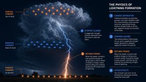 Scientific diagram illustrating lightning formation: charge separation in the cumulonimbus cloud, downward leader, and return stroke