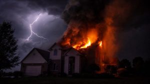 Maison en feu la nuit après un impact de foudre directe lors d'un orage violent