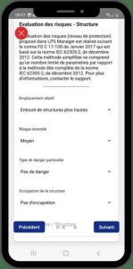Interface LPS Manager calcul du risque foudre IEC 62305-2 sur mobile