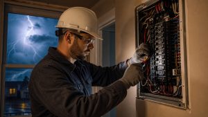 Électricien intervenant sur un tableau électrique avec orage en arrière-plan — choix du parafoudre Type 1, 2 ou 3