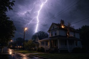 Éclair frappant une maison lors d'un orage nocturne — sinistres foudre en hausse