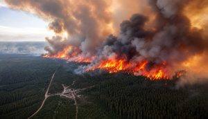 Vue aérienne panoramique de la forêt des Landes en feu — incendies Gironde juillet 2026
