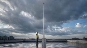 Technicien installant un paratonnerre PDA Paraton@ir sur un mât de 5 mètres au-dessus d'une toiture