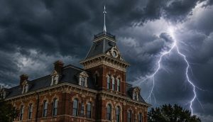 Edificio histórico protegido por un pararrayos durante las tormentas