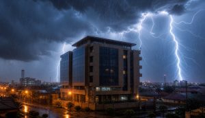 Bâtiment moderne en Afrique sous un violent orage tropical avec éclairs